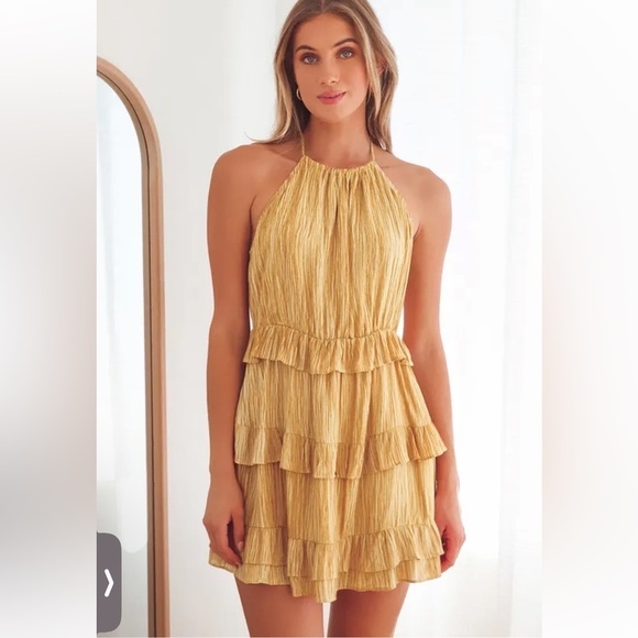 LULUS Dress Downright Darling Mustard Yellow Ruffled Striped Mini Sz L New - Picture 3 of 8